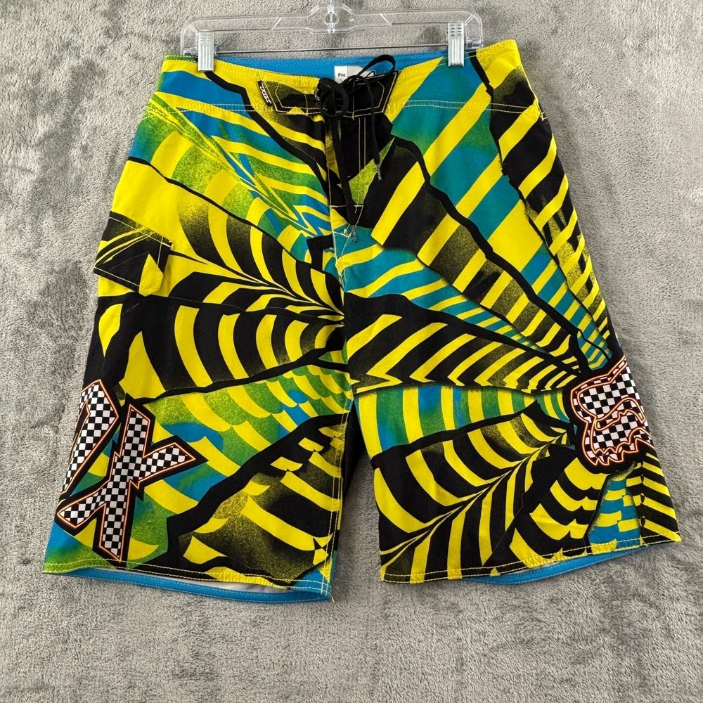 Fox Racing Cargo Board Shorts Mens 32 Blue Yellow Black Stretch 11"‎ Inseam